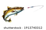 Alaska Pollock, Mintai fish attack fish bait jigs and stakes spoon bait jumping out of water illustration isolate realistic.