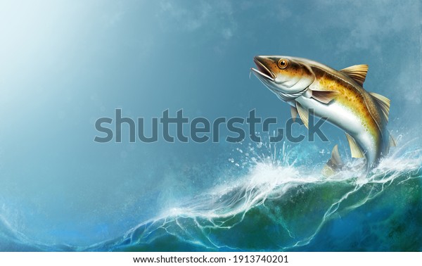 Alaska Pollock, Mintai fish jumping out of water\
illustration isolate realistic. Mintai fish on the background of\
the waves of the open\
ocean.