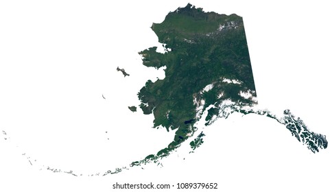 Alaska state satellite image isolated on white background. Isolated map of Alaska (AK). USA state photo from space. Elements of this image furnished by NASA.