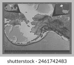 Alaska, state of United States of America. Grayscale elevation map with lakes and rivers. Corner auxiliary location maps