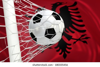 Albania Flag And Soccer Ball, Football In Goal Net