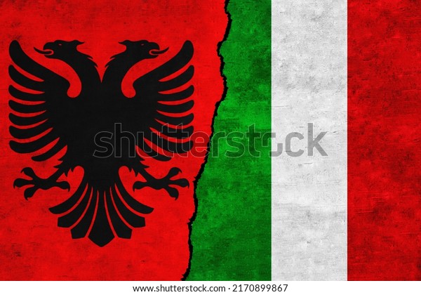 Albania and\
Italy painted flags on a wall with a crack. Italy and Albania\
relations. Albania and Italy flags\
together