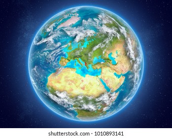 Albania in red on model of planet Earth with clouds and atmosphere in space. 3D illustration. Elements of this image furnished by NASA.