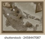 Albay, province of Philippines. Elevation map colored in sepia tones with lakes and rivers. Locations of major cities of the region. Corner auxiliary location maps