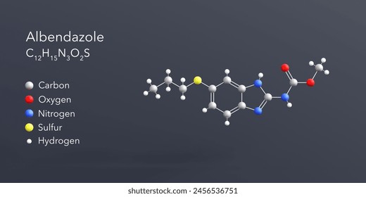albendazole molecule 3d rendering, flat molecular structure with chemical formula and atoms color coding