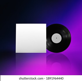 Album cover template in a retro wave gradient backdrop. A minimal 3D illustration template layout, to use your own vinyl LP cover (3D rendering) - Powered by Shutterstock