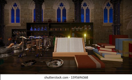 
Alchemical Table With A Book Of Predictions And Letters. 3d Illustration. Gothic Cathedral With Attributes Of A Medieval Scholar. Cabinet Of Alchemist And Spiritualism. 
Fortune Telling.