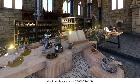 
Alchemical Table With A Book Of Predictions And Letters. 3d Illustration. Gothic Cathedral With Attributes Of A Medieval Scholar. Cabinet Of Alchemist And Spiritualism. 
Fortune Telling.