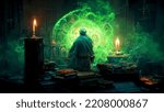 Alchemist working in his library, esoteric library with spell books, potion recipes, mystical art. Magic formula in old manuscript and grimoire, sorcerer library. Epic light, fantasy set-up, painting.
