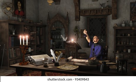 Alchemist working in his study surrounded by books, potions and instruments, 3d digitally rendered illustration