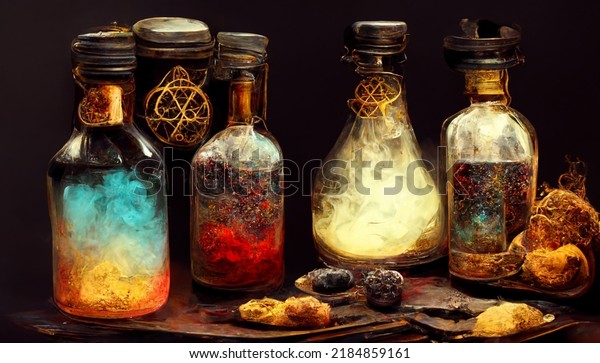 alchemy magic\
bottle potion mixing 2d render\
loop