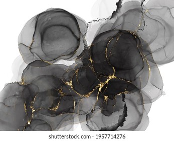 Alcohol Art. Abstract Black Alcohol Ink Gold Background.