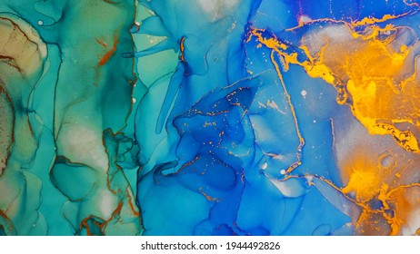 Alcohol Background. Blue, White And Gold Drops. Clear Water Morbilli. Water Ink Paint. Aquamarine Spots Gouache Paint. Alcohol Ink Streaks. Alcohol Ink Texture.