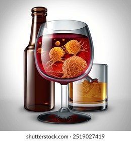 Alcohol And Cancer health awareness as alcoholic drinks and the risk of cancers and the medical risks of drinking as a 3D illustration. - Powered by Shutterstock