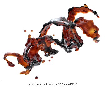 Alcohol, cola, coffee liquid splashes jet with droplets, isolated on white background. Liquid template design element. 3D illustration
