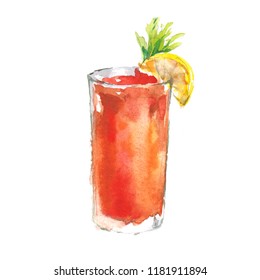 Alcohol Drink Bloody Mary Cocktail In Glass. Watercolor Illustration Isolated On White Background