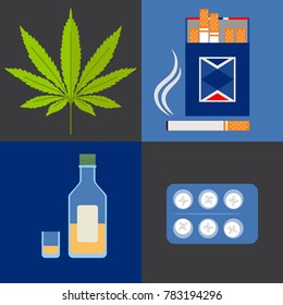 Alcohol, Drugs, Cannabis And Tobacco Icons Set