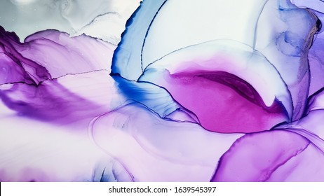 Alcohol Ink. Abstract Ethereal Swirl. Purple Liquid Artwork. Grey Watercolor Paint. Contemporary Illustration. Feminine Water Splash. Pink Marble Texture. White Pattern. Blue Alcohol Ink.