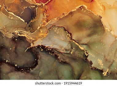 Alcohol ink art.Mixing liquid paints. Modern, abstract colorful background, wallpaper. Fluid marble art, texture,golden streaks, cracks.Translucent colors