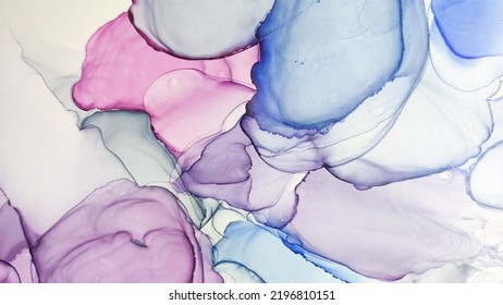 Alcohol Ink. Blue Watercolor Swirl. Persian Grunge Flow. Purple Liquid Texture. Contemporary Decoration. Abstract Ethereal Paint. Grey Pattern. White Marble Artwork. Pink Alcohol Ink.