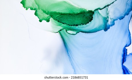 Alcohol Ink. Colorful Brush Pattern. Contemporary Landscape. Blue Watercolor Swirl. Violet Liquid Texture. Abstract Ethereal Paint. White Marble Texture. Green Canvas. Blue Alcohol Ink.