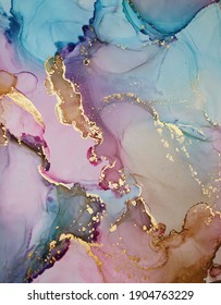 Alcohol Ink With Gold Painting. Mixed Paints In Trendy Art Technique. Vertical Fragment For Printing, Poster, Cards