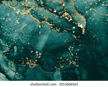 Alcohol Ink Texture. Azure. Navy blue, Tidewater Green Gold Stains. Aquamarine Ink. Alcohol Ink Pigment. Sky clouds Smearing. Splatter. Water Alcohol Background.