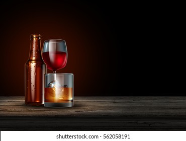 Alcohol On A Bar On A Black Background As A Bottle Of Beer Wine And A Glass Of Hard Liquor As Whiskey Or Scotch As A Drinking Or Alcoholism Concept As A 3D Illustration.