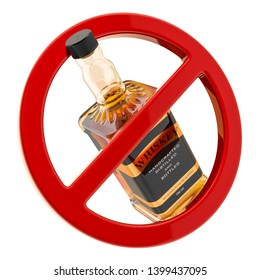 Alcohol Prohibition Concept. Bottle Of Whiskey Inside Forbidden Sign, 3D Rendering Isolated On White Background