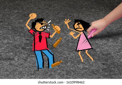 Alcohol violence and violent alcoholic abuse concept or drunk domestic agression as a woman being abused by an aggresive inebriated drinking person abusing a woman in a 3D illustration style.