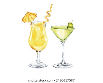 alcoholic cocktails with a straw, umbrella, martini with green olive fruits, watercolor illustration of summer refreshing beverage in a glass, sketch of tropical drinks, food theme - Powered by Shutterstock