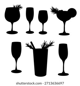 Alcoholic Drinks Silhouette Vector Set – Wine, Champagne, Margarita, Mulled Wine, Glühwein, Grog, Cocktail Silhouette Clipart for Christmas, New Year, Holiday Bar Menu