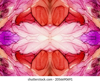 Alcoholic Ink. Kaleidoscope Child. Rose Alcohol Ink. Seamless Art. Stained Glass Art. Violet Kaleidoscope Food. Red Marble Textures.