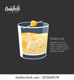 Alcoholic Scotch Whiskey Penicillin Drink Cocktail With Lemon, Honey Syrup And Candied Ginger. Cocktail Glass Illustration On Black Background