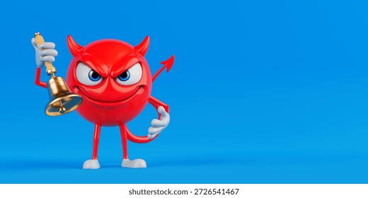Alert And Attention Concept. Red Devil Cartoon Character Holding Gold Bell On Vibrant Blue Background. 3d Rendering