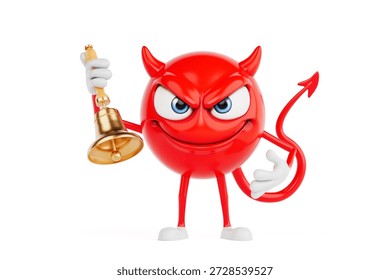 Alert And Attention Concept. Red Devil Cartoon Character Holding Gold Bell On Vibrant White Background. 3d Rendering