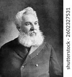 Alexander Graham Bell (1847-1922) on antique print from 1899. Scientist, inventor, engineer and innovator who is credited with inventing the first practical telephone. After unknown artist and publish