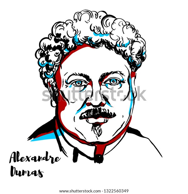 Alexandre Dumas engraved portrait with ink contours. Famous french writer, author of The Count of Monte Cristo & The Three Musketeers.