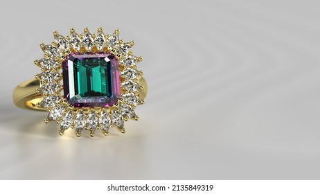 alexandrite emerald cut stone halo ring 3d render in yellow gold metal 