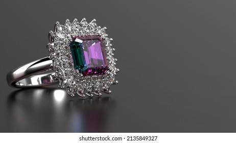 alexandrite emerald cut stone halo ring 3d render in white metal