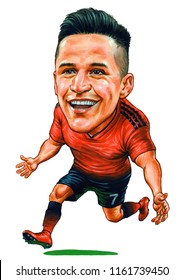 Alexis Sanchez is a Chilean professional footballer who plays as a forward for the English club Manchester United and the Chile national team. illustration,caricature,design,August,22,2018