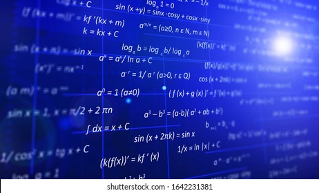 Algebra Concept. The Blue Screen Shows The Basic Formulas Of Modern Mathematics.