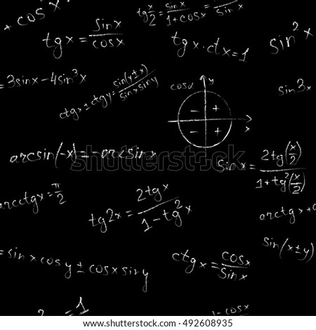 Algebra seamless pattern on black background. Blackboard formulas.