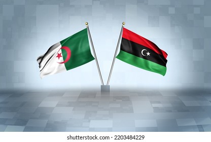 Algeria Flag With Libya Flag, 3D Rendering With A Gray And White Block's Background 