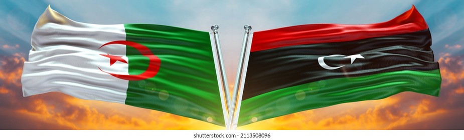 Algeria Flag And Libya Flag Waving With Texture Sky Clouds And Sunset Double Flag - 3D Illustration - 3D Render  