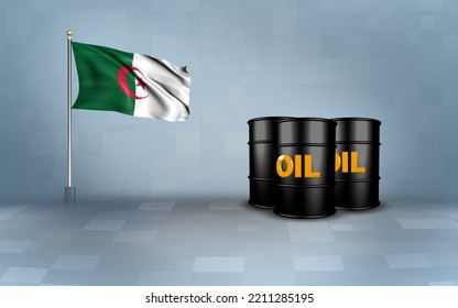 Algeria Flag With Oil Barrels,
3D Illustration 