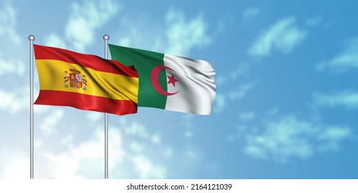 Algeria Flag with Spain Flag, 3D rendering with cloudy sky