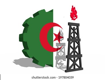 Algeria National Flag On Gear And 3d Gas Rig Model Near