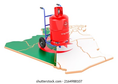 Algerian Map With Propane Gas Cylinder On Hand Truck. Gas Delivery Service In Algeria, Concept. 3D Rendering Isolated On White Background