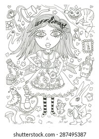 Alice in wonderland coloring page sketch ink illustration